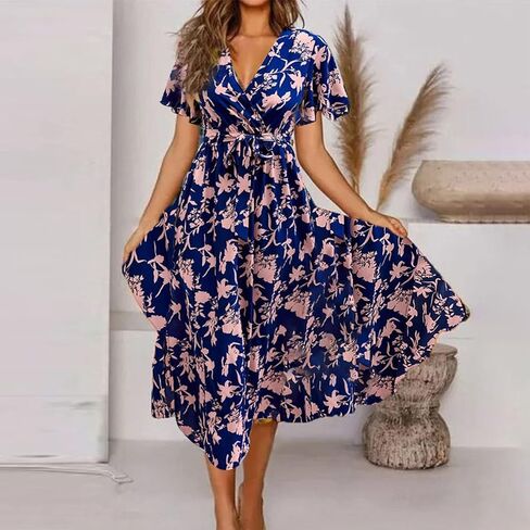 Wrap Dress for Women Midi V Neck Short Sleeve Tie Waist Boho Floral Print Summer Dress for Casual Vacation Office Beachwear in Saudi Arabia