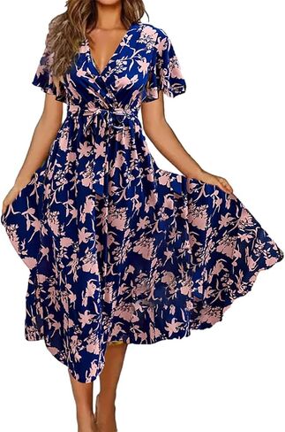 Wrap Dress for Women Midi V Neck Short Sleeve Tie Waist Boho Floral Print Summer Dress for Casual Vacation Office Beachwear in Saudi Arabia