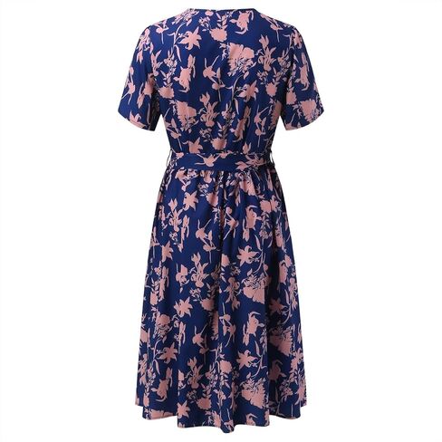 Wrap Dress for Women Midi V Neck Short Sleeve Tie Waist Boho Floral Print Summer Dress for Casual Vacation Office Beachwear in Saudi Arabia