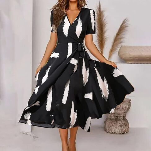 Wrap Dress for Women Midi V Neck Short Sleeve Tie Waist Boho Floral Print Summer Dress for Casual Vacation Office Beachwear in Saudi Arabia