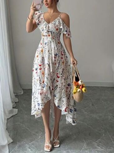 Women's Print Dress Ruffle Bodycon Deep V Neck Off-The-Shoulder Slit Dress 2025 Summer Casual Club Party Daily in Saudi Arabia