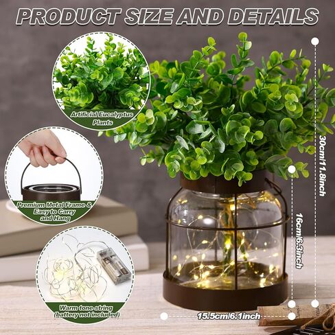 2 Set Vintage Glass Vase Rustic Farmhouse Lantern Decor with Artificial Plants Lights Decorative Clear Vase for Home Decor Floral Arrangement Dining Table Centerpieces(Eucalyptus Leaf) in Saudi Arabia