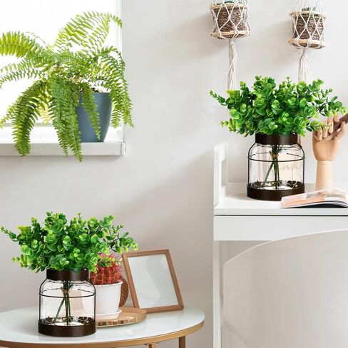 2 Set Vintage Glass Vase Rustic Farmhouse Lantern Decor with Artificial Plants Lights Decorative Clear Vase for Home Decor Floral Arrangement Dining Table Centerpieces(Eucalyptus Leaf) in Saudi Arabia