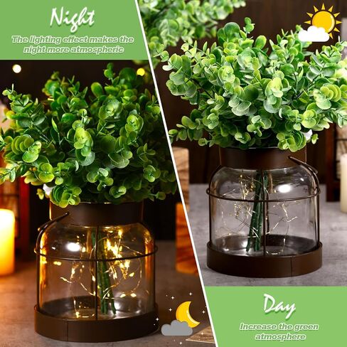 2 Set Vintage Glass Vase Rustic Farmhouse Lantern Decor with Artificial Plants Lights Decorative Clear Vase for Home Decor Floral Arrangement Dining Table Centerpieces(Eucalyptus Leaf) in Saudi Arabia