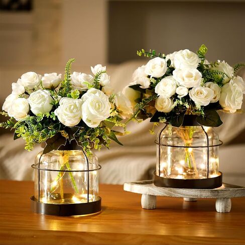 2 Set Vintage Glass Vase Rustic Farmhouse Lantern Decor with Artificial Plants Lights Decorative Clear Vase for Home Decor Floral Arrangement Dining Table Centerpieces(Eucalyptus Leaf) in Saudi Arabia