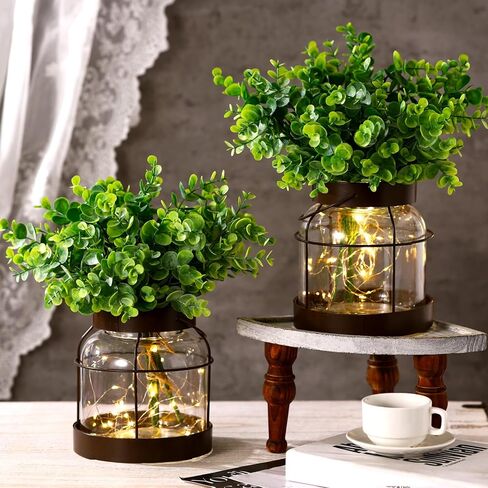 2 Set Vintage Glass Vase Rustic Farmhouse Lantern Decor with Artificial Plants Lights Decorative Clear Vase for Home Decor Floral Arrangement Dining Table Centerpieces(Eucalyptus Leaf) in Saudi Arabia