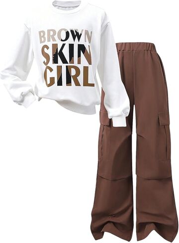 SOLY HUX Girl's 2 Piece Outfits Graphic Crewneck Sweatshirt and Cargo Pants Set Fall Clothes in Saudi Arabia
