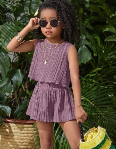 Girls' Sleeveless Tank Top & Shorts Set, Lavender Ruched 2-Piece Outfit for Kids 4-7Y, Summer Casual Sets in Saudi Arabia