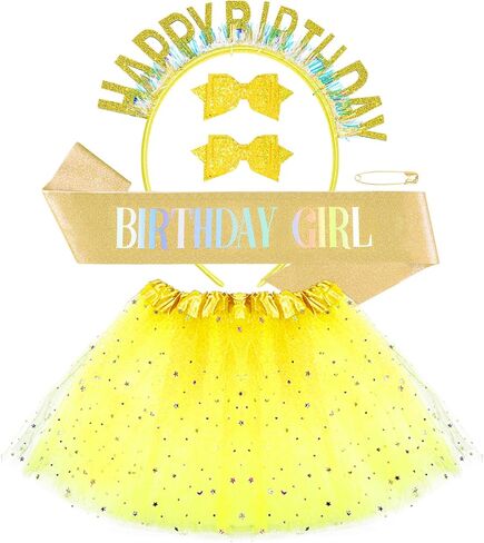 5Pcs Birthday Girls Outfit Set, 3 Layered Tutu Skirt Birthday Girl Sash Headband Hair Bows for Toddler Girls in Saudi Arabia