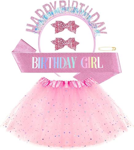 5Pcs Birthday Girls Outfit Set, 3 Layered Tutu Skirt Birthday Girl Sash Headband Hair Bows for Toddler Girls in Saudi Arabia