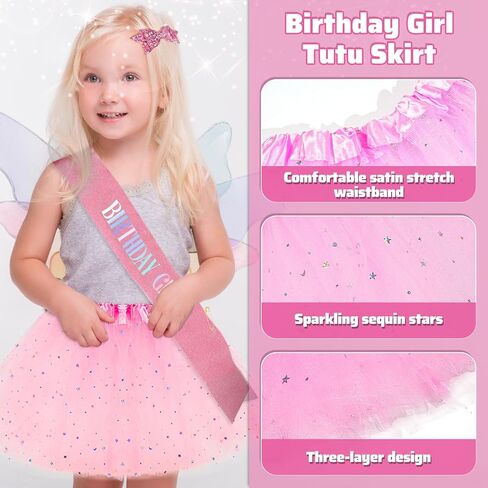 5Pcs Birthday Girls Outfit Set, 3 Layered Tutu Skirt Birthday Girl Sash Headband Hair Bows for Toddler Girls in Saudi Arabia