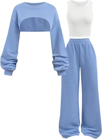 Girl's 3 Piece Fall Outfits Bow Graphic Cropped Sweatshirts and Baggy Sweatpants Set with Camisole in Saudi Arabia