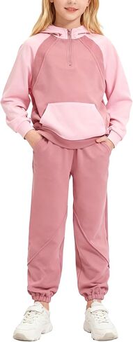 Girls 2 Piece Outfits Tracksuit Quarter Zip Hoodie Long Sleeve Sweatshirt and Sweatpants Set with Pockets in Saudi Arabia