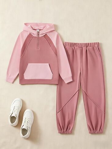 Girls 2 Piece Outfits Tracksuit Quarter Zip Hoodie Long Sleeve Sweatshirt and Sweatpants Set with Pockets in Saudi Arabia