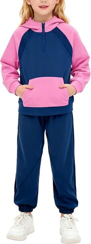 Girls 2 Piece Outfits Tracksuit Quarter Zip Hoodie Long Sleeve Sweatshirt and Sweatpants Set with Pockets in Saudi Arabia