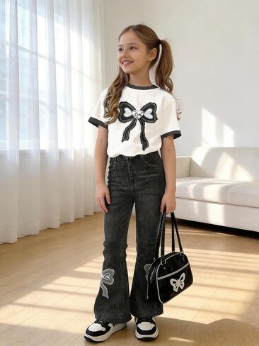 Girls 2 Piece Outfit, Short Sleeve Ringer Tee & Bell Bottom Jeans Set, Bow Print Casual Kids Clothes for 4-7 Years in Saudi Arabia