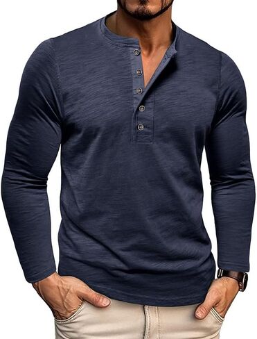 Men's Henley Shirts Long Sleeve Button Casual Soft Cotton Crew Neck Long Sleeve Tee Comfortable Bottom Pullover T-Shirts in Saudi Arabia