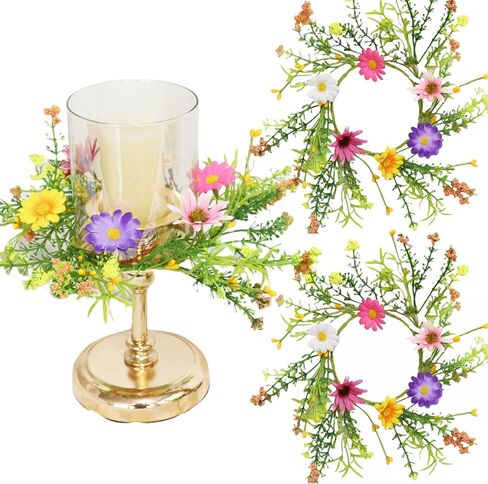 قطعتان من حلقات شموع الزهور البرية الاصطناعية، مع حلقات شموع ديزي بيب بيري اكاليل الزهور الصغيرة، مركز 4 بوصة لشمعة العمود، ديكور باب المنزل لحفلات الزفاف الصيفية (متعدد الألوان) in Kuwait