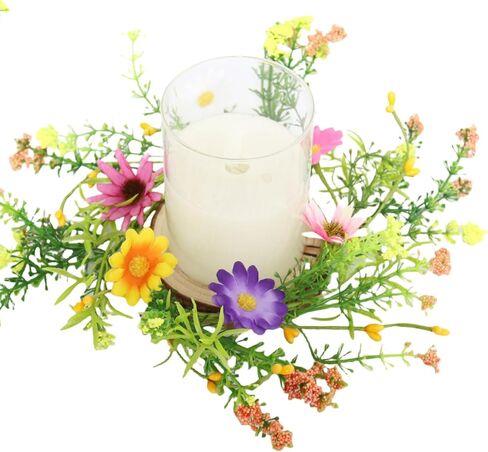 قطعتان من حلقات شموع الزهور البرية الاصطناعية، مع حلقات شموع ديزي بيب بيري اكاليل الزهور الصغيرة، مركز 4 بوصة لشمعة العمود، ديكور باب المنزل لحفلات الزفاف الصيفية (متعدد الألوان) in Kuwait