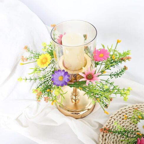 قطعتان من حلقات شموع الزهور البرية الاصطناعية، مع حلقات شموع ديزي بيب بيري اكاليل الزهور الصغيرة، مركز 4 بوصة لشمعة العمود، ديكور باب المنزل لحفلات الزفاف الصيفية (متعدد الألوان) in Kuwait