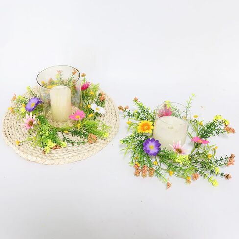 قطعتان من حلقات شموع الزهور البرية الاصطناعية، مع حلقات شموع ديزي بيب بيري اكاليل الزهور الصغيرة، مركز 4 بوصة لشمعة العمود، ديكور باب المنزل لحفلات الزفاف الصيفية (متعدد الألوان) in Kuwait