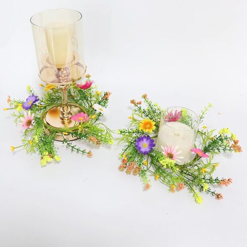 قطعتان من حلقات شموع الزهور البرية الاصطناعية، مع حلقات شموع ديزي بيب بيري اكاليل الزهور الصغيرة، مركز 4 بوصة لشمعة العمود، ديكور باب المنزل لحفلات الزفاف الصيفية (متعدد الألوان) in Kuwait