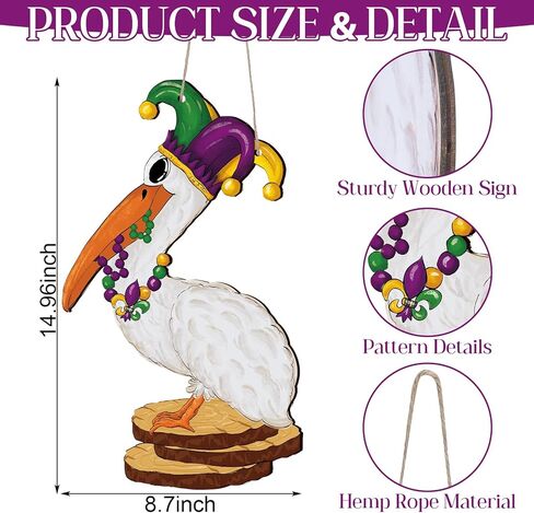 Mardi Gras Sign Front Door Decor New Orleans Carnival Pelican Wooden Hanging Sign Mardi Gras Wood Hanger Masquerade Door Wreath for Holiday Indoor Outdoor Wall Window Decoration in Saudi Arabia