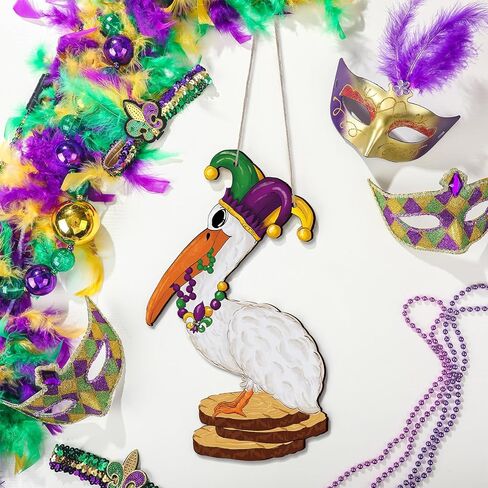 Mardi Gras Sign Front Door Decor New Orleans Carnival Pelican Wooden Hanging Sign Mardi Gras Wood Hanger Masquerade Door Wreath for Holiday Indoor Outdoor Wall Window Decoration in Saudi Arabia