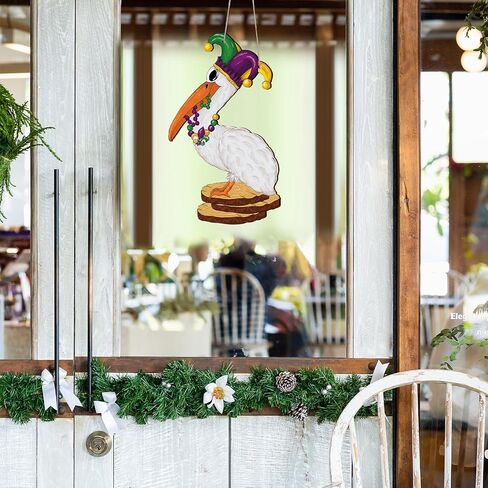 Mardi Gras Sign Front Door Decor New Orleans Carnival Pelican Wooden Hanging Sign Mardi Gras Wood Hanger Masquerade Door Wreath for Holiday Indoor Outdoor Wall Window Decoration in Saudi Arabia