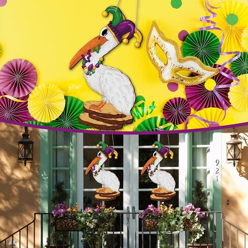 Mardi Gras Sign Front Door Decor New Orleans Carnival Pelican Wooden Hanging Sign Mardi Gras Wood Hanger Masquerade Door Wreath for Holiday Indoor Outdoor Wall Window Decoration in Saudi Arabia