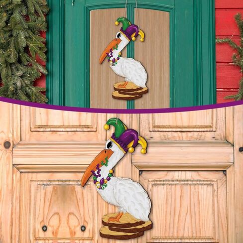Mardi Gras Sign Front Door Decor New Orleans Carnival Pelican Wooden Hanging Sign Mardi Gras Wood Hanger Masquerade Door Wreath for Holiday Indoor Outdoor Wall Window Decoration in Saudi Arabia
