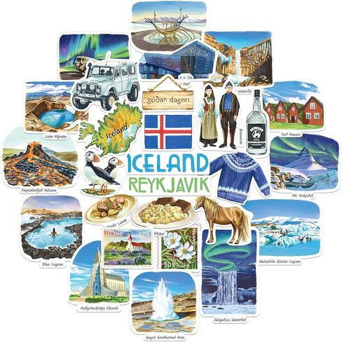 Navy Peony Magical Iceland Travel Stickers (28pcs) - Watercolor, Scandinavia, Icelandic-Themed Vacation Decals for Journals, Scrapbooks, Luggage, Laptop in Saudi Arabia