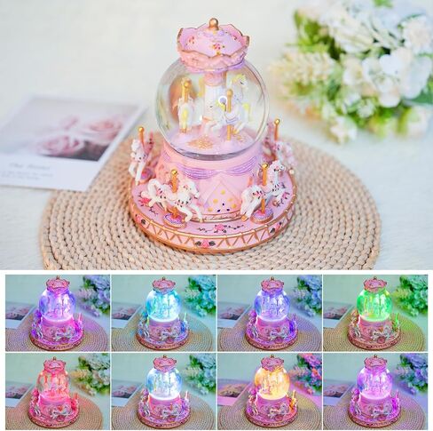 صندوق موسيقى دوكولر كاروسيل هورسز، كرة كريستال كاروسيل مع ضوء RGB، صناديق موسيقى كرة الثلج الموسيقية للفتيات والنساء والأطفال والابنة وعيد الأم والكريسماس وهدية عيد الميلاد - وردي 6/8 أحصنة in Saudi Arabia