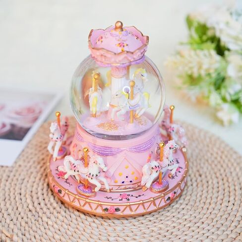 صندوق موسيقى دوكولر كاروسيل هورسز، كرة كريستال كاروسيل مع ضوء RGB، صناديق موسيقى كرة الثلج الموسيقية للفتيات والنساء والأطفال والابنة وعيد الأم والكريسماس وهدية عيد الميلاد - وردي 6/8 أحصنة in Saudi Arabia