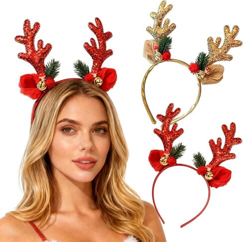 2Pcs Christmas Reindeer Antler Headbands Red Gold Glitter Elk Headband Winter Xmas Reindeer Antler Hair Accessories Winter Christmas Gold Bells Elk Holy Leaf Accessories for Women Holiday Pay Cosplay in Saudi Arabia