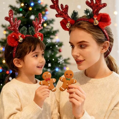 2Pcs Christmas Reindeer Antler Headbands Red Gold Glitter Elk Headband Winter Xmas Reindeer Antler Hair Accessories Winter Christmas Gold Bells Elk Holy Leaf Accessories for Women Holiday Pay Cosplay in Saudi Arabia