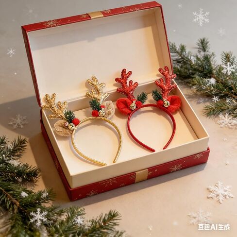 2Pcs Christmas Reindeer Antler Headbands Red Gold Glitter Elk Headband Winter Xmas Reindeer Antler Hair Accessories Winter Christmas Gold Bells Elk Holy Leaf Accessories for Women Holiday Pay Cosplay in Saudi Arabia