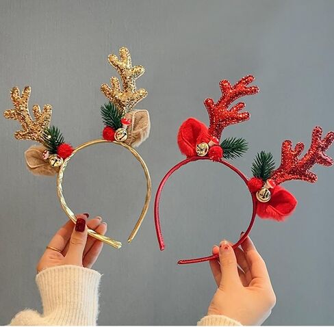 2Pcs Christmas Reindeer Antler Headbands Red Gold Glitter Elk Headband Winter Xmas Reindeer Antler Hair Accessories Winter Christmas Gold Bells Elk Holy Leaf Accessories for Women Holiday Pay Cosplay in Saudi Arabia