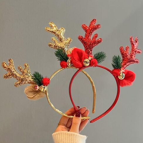 2Pcs Christmas Reindeer Antler Headbands Red Gold Glitter Elk Headband Winter Xmas Reindeer Antler Hair Accessories Winter Christmas Gold Bells Elk Holy Leaf Accessories for Women Holiday Pay Cosplay in Saudi Arabia