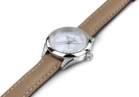 Hamilton Jazzmaster Lady Quartz Women's Watch, 26mm Stainless Steel Case, Swiss Made, Mother of Pearl Dial Analog Wrist Watch for Women, 50m Waterproof, Sapphire Crystal, Cow Leather Strap in Saudi Arabia