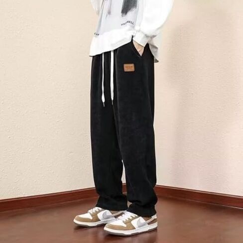 Men's Corduroy Sweatpants with Pockets & Leather Patch, Loose Casual Straight-Leg Pants, Soft Durable Pants for Casual Wear in Saudi Arabia