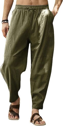 Men's Linen Harem Pants Elastic Drawstring Waist Loose Fit Casual Yoga Beach Trousers with Pockets in Saudi Arabia