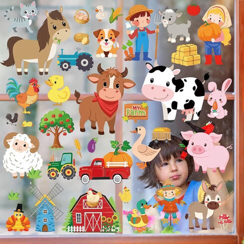 wondever Farm Animals Window Clings Farmhouse Cow Pig Duck Roosters Glass Sticker Decal Anti Collision Double-Side Static Stickers for Home Glass in Saudi Arabia