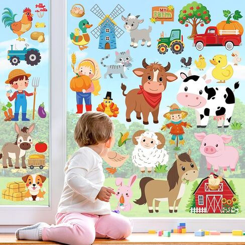 wondever Farm Animals Window Clings Farmhouse Cow Pig Duck Roosters Glass Sticker Decal Anti Collision Double-Side Static Stickers for Home Glass in Saudi Arabia