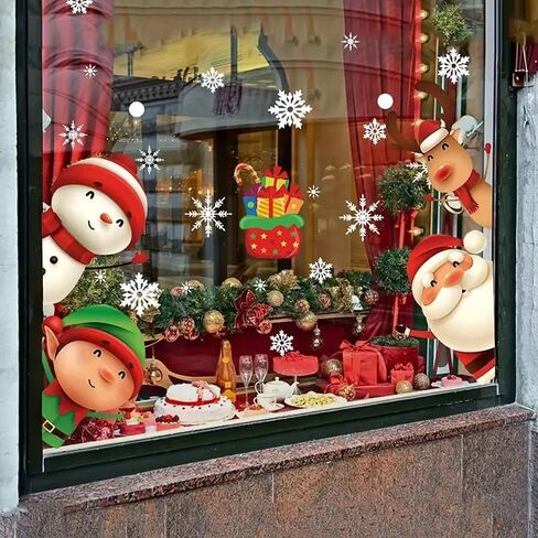 82pcs Christmas Window Clings Stickers - Santa, Reindeer, Snowman Snowflake Design, Double-Sided PVC Decals for Glass, No Residue Holiday Decor Indoor/Outdoor Use, Festive Decoration Vibrant Graphics in Saudi Arabia