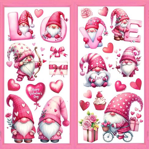 Whaline 9 Sheets Valentine' s Day Window Clings Window Decal Cute Pink Love Gnome Heart Reusable Anti-Collision Windows Decor for Wedding Anniversary Home Party Supplies in Saudi Arabia