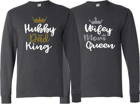 wild custom apparel Hubby Dad King Wife Mom Queen Best Matching Couples Long Sleeve Shirt in Saudi Arabia