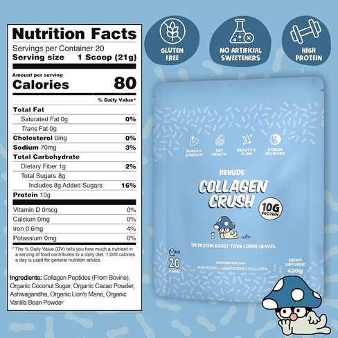 Renude Collagen Crush - Creamer Powder for Coffee, Grass-Fed Bovine Collagen Peptides, 10g Protein per Serving, Support for Hair, Skin, Gut Health, with Natural Adaptogens, 20 Serving Bag in Saudi Arabia