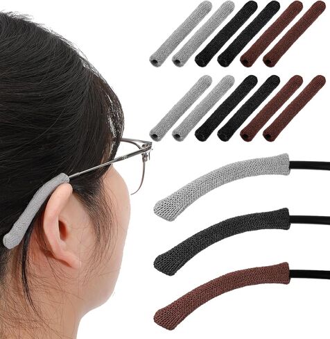 12Pcs Glasses Ear Cushion, Cotton Cushion for Glasses Behind Ear Soft Knitting Eyeglass Ears Grippers, Anti-Slip Eyeglass Arm Covers for Pain Relief, Black Brown Gray 6 Pairs in Saudi Arabia