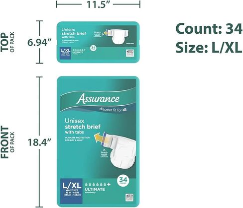 سراويل داخلية قابلة للتمدد للجنسين من Assurance مع علامات تبويب مقاس L/XL أقصى قدر من الامتصاص - حفاضات كبيرة جدًا للكبار مع علامات إغلاق (34 قطعة) in Kuwait